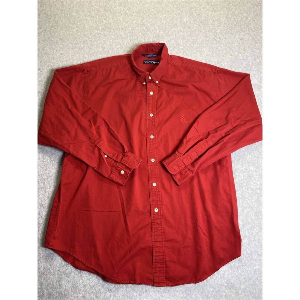 Nautica Mens XL Shirt Solid Red Long Sleeve Button Down Embroidered Logo Cotton
